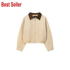 Cropped Barn Jacket Utility Zip Up Corduroy Collar Trench Coat Chic Fall